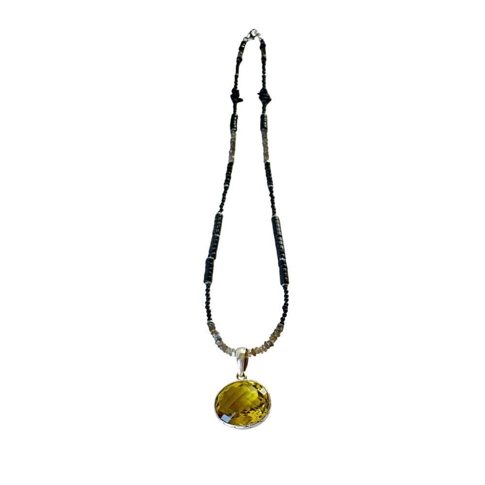 Big Lemon Citrine Carved Silver Pendant Black Onyx Labradorite Beaded Chain 20"